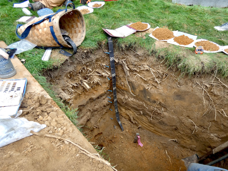 soil pit with ruler inside along with various equipment and soil samples on ground next to it