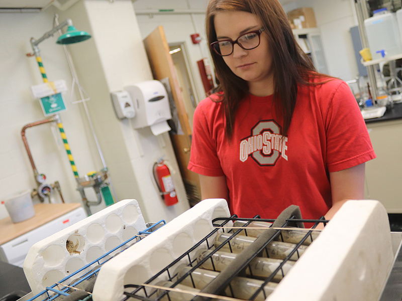 woman completing soil tests in labs.