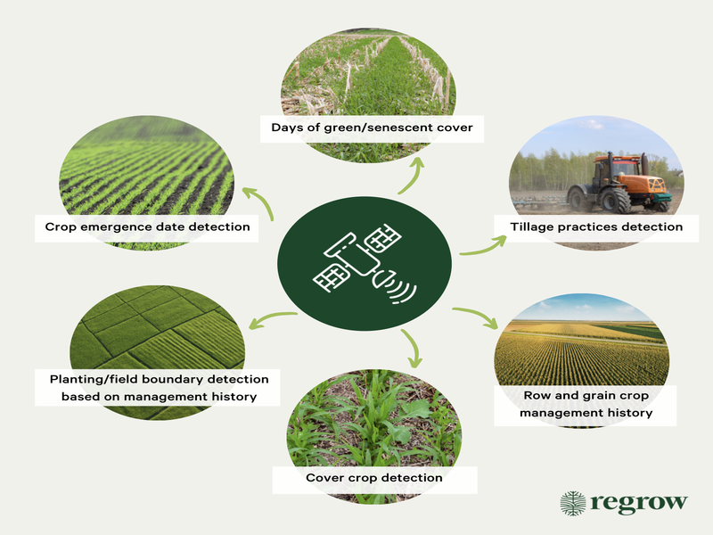 graphic with seven circles with various agricultural photos and descriptions of the roles of remote sensing