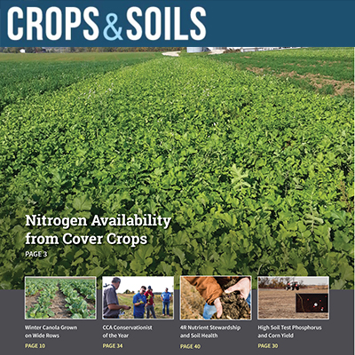 A cover for Crops & Soils that features a picture of crops in a field